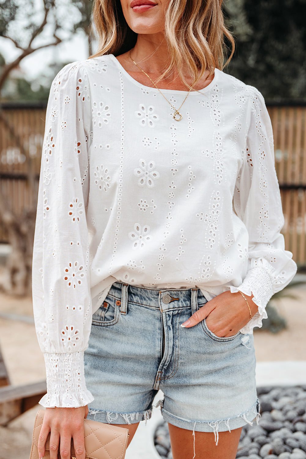 White Eyelet Embroidered Smocked Cuff Sheer Blouse eAura