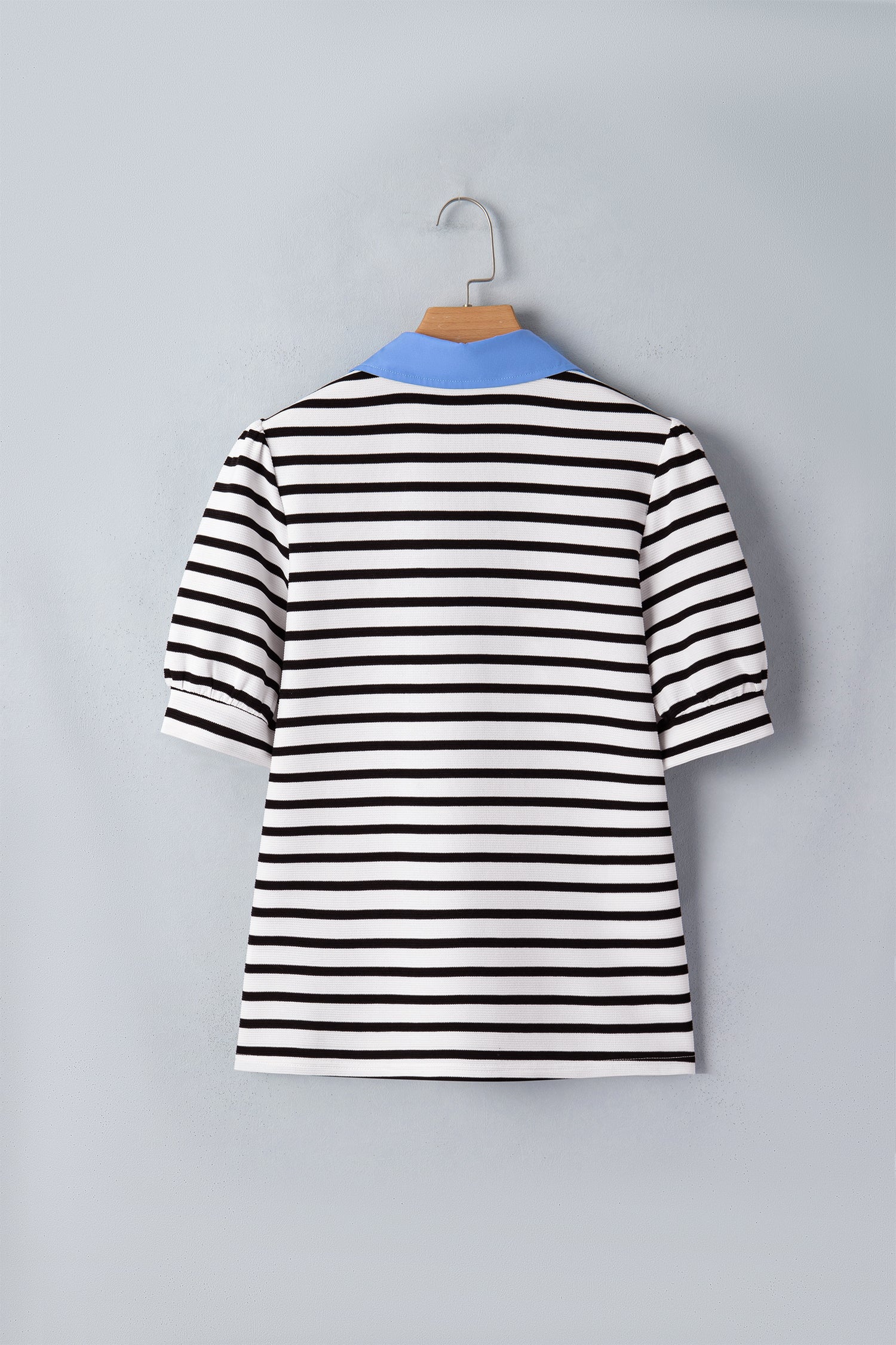 Short Puff Sleeve Color Block Polo Collar Blouse – Pink Stripe