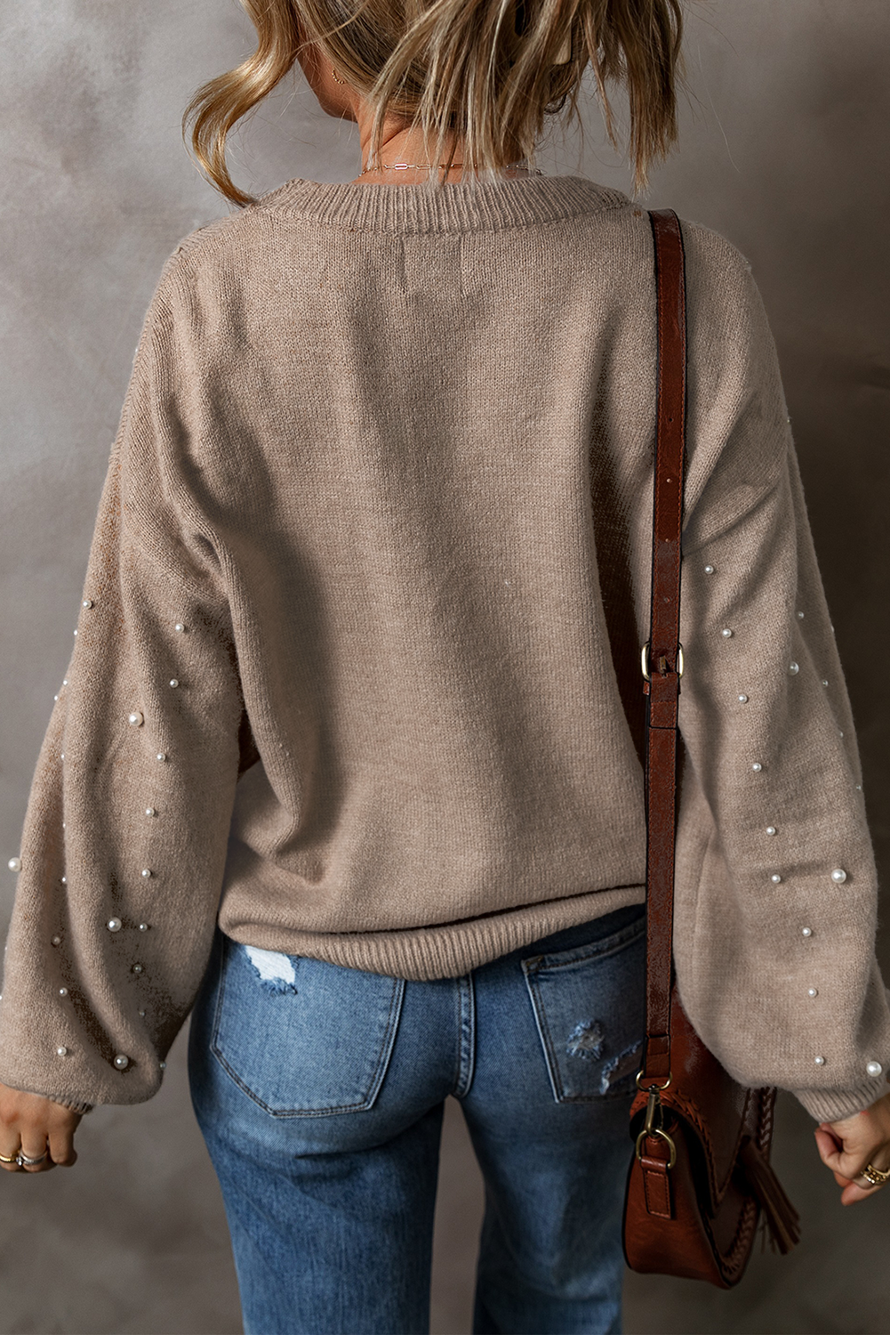 Smoke Gray Pearled Drop Shoulder Plus Size Sweater Beagle Boutique Fashion Outlet