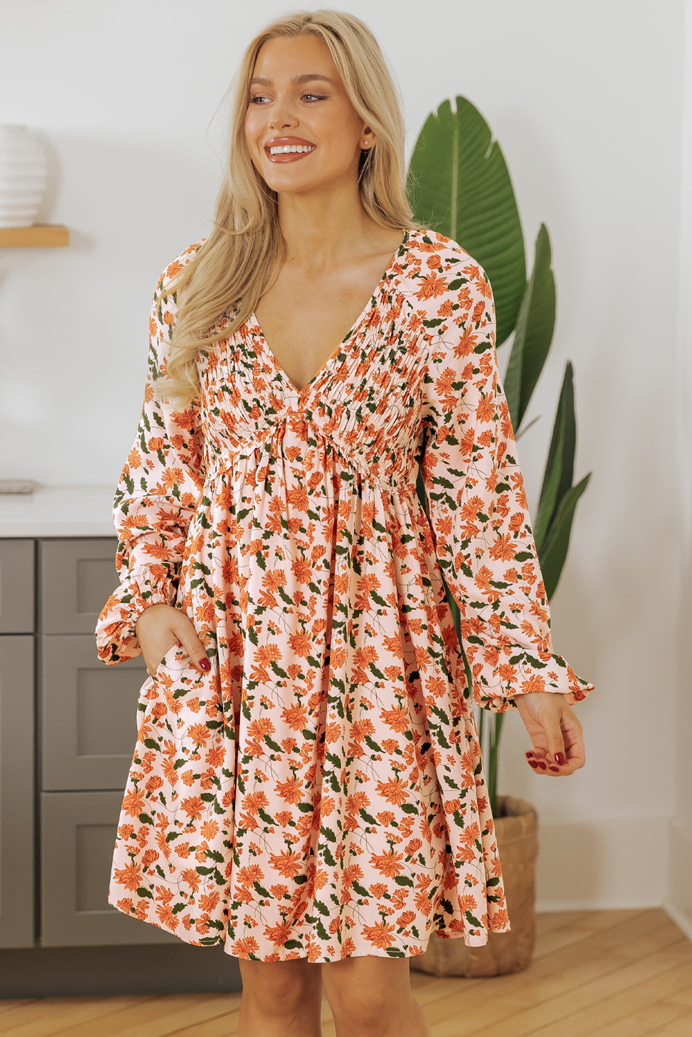 Beige Floral Deep V Neck Smocked Bust Bubble Sleeve Babydoll Dress eAura