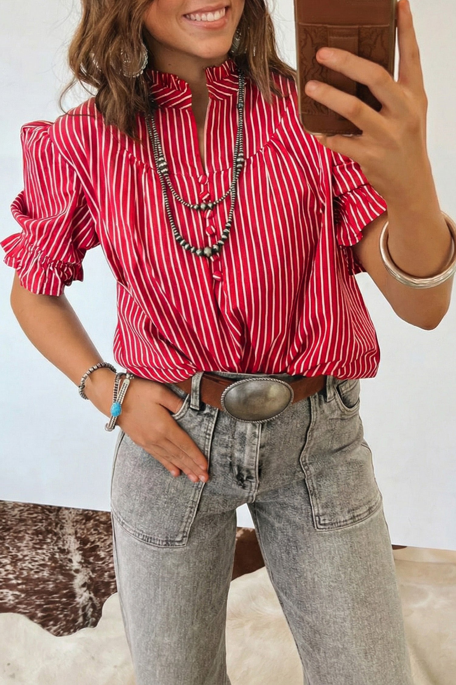 Ruffled Short Puff Sleeve Button Front Blouse – Blue Stripe