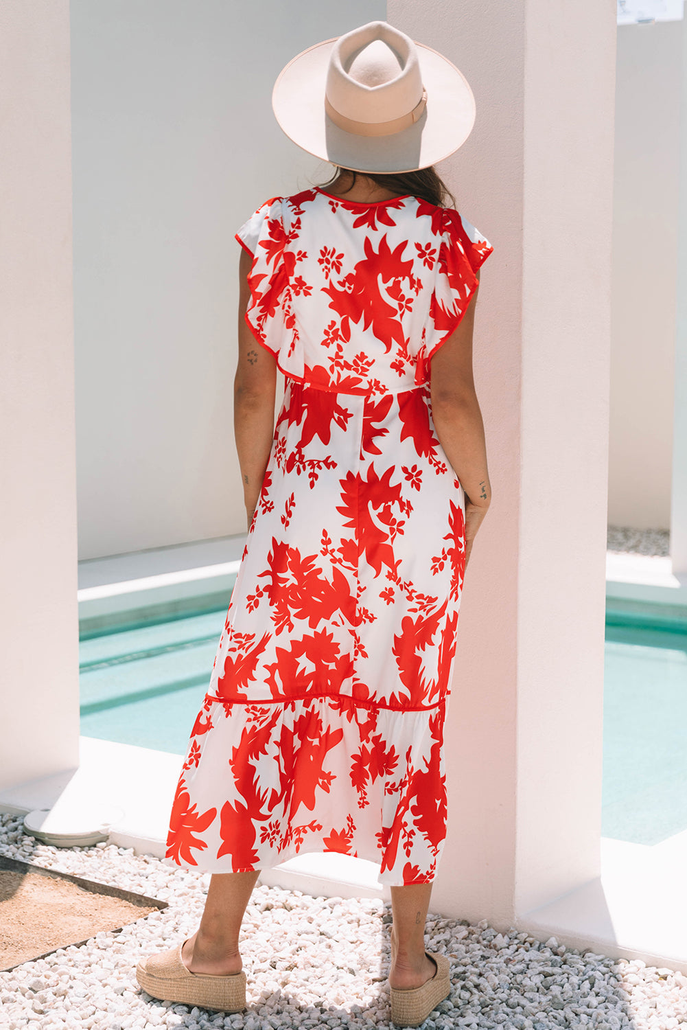 Red Floral Print Trimmed V-Neck Ruffle Sleeve Long Dress eAura