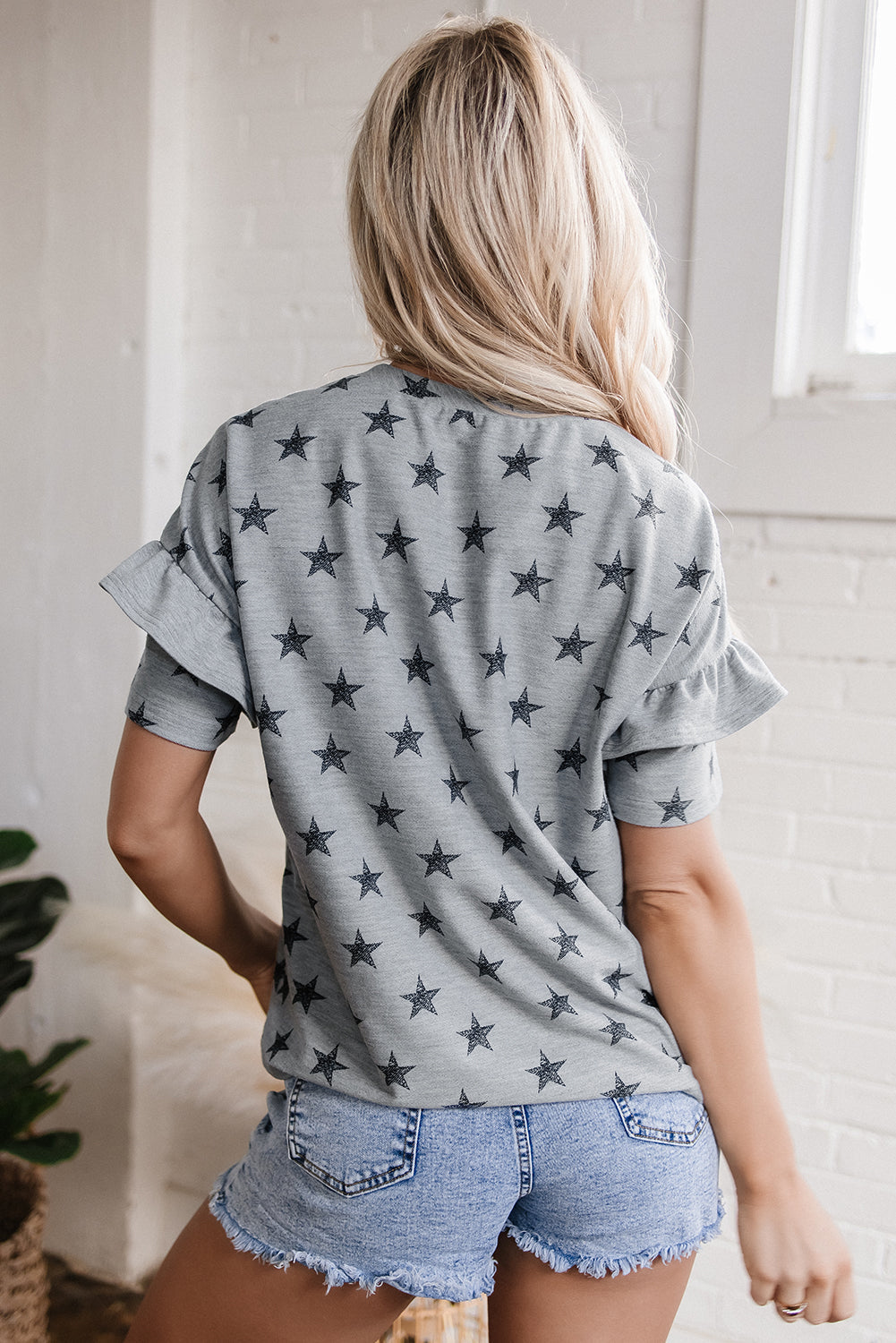 Grey Star Print Ruffled Sleeve T Shirt eAura