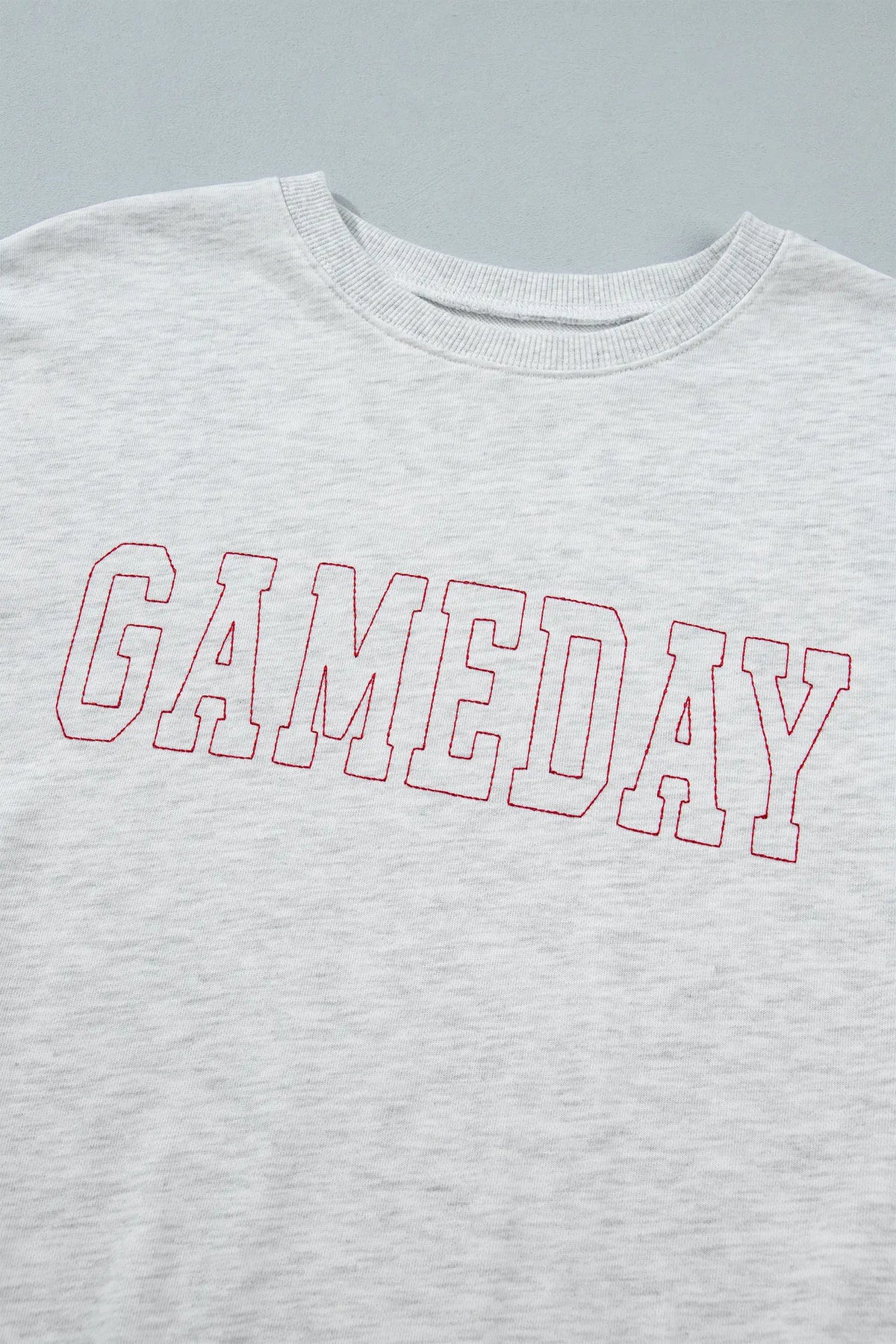 Game Day Letter Embroidery Long Sleeve Round Neck Sweatshirt – Light Grey