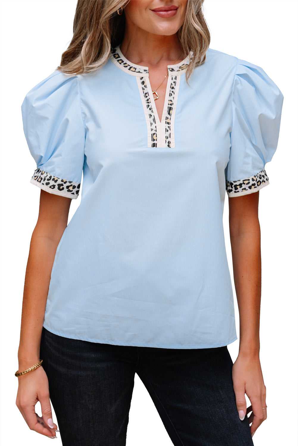 Beau Blue Contrast Leopard Trim Split Neck Puff Sleeve Blouse eAura