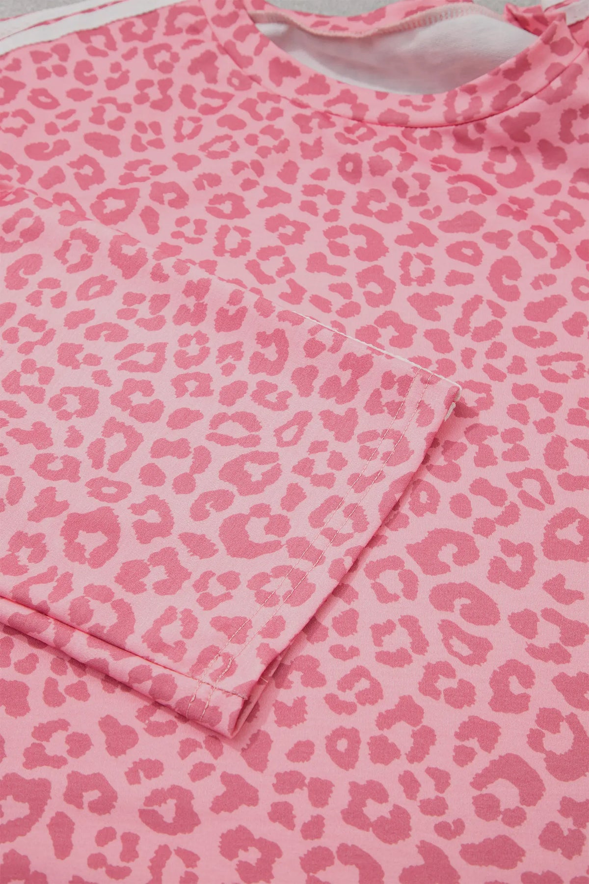 Leopard Print Varsity Striped Detail 3/4 Sleeve Top Shift Pant Set – Pink