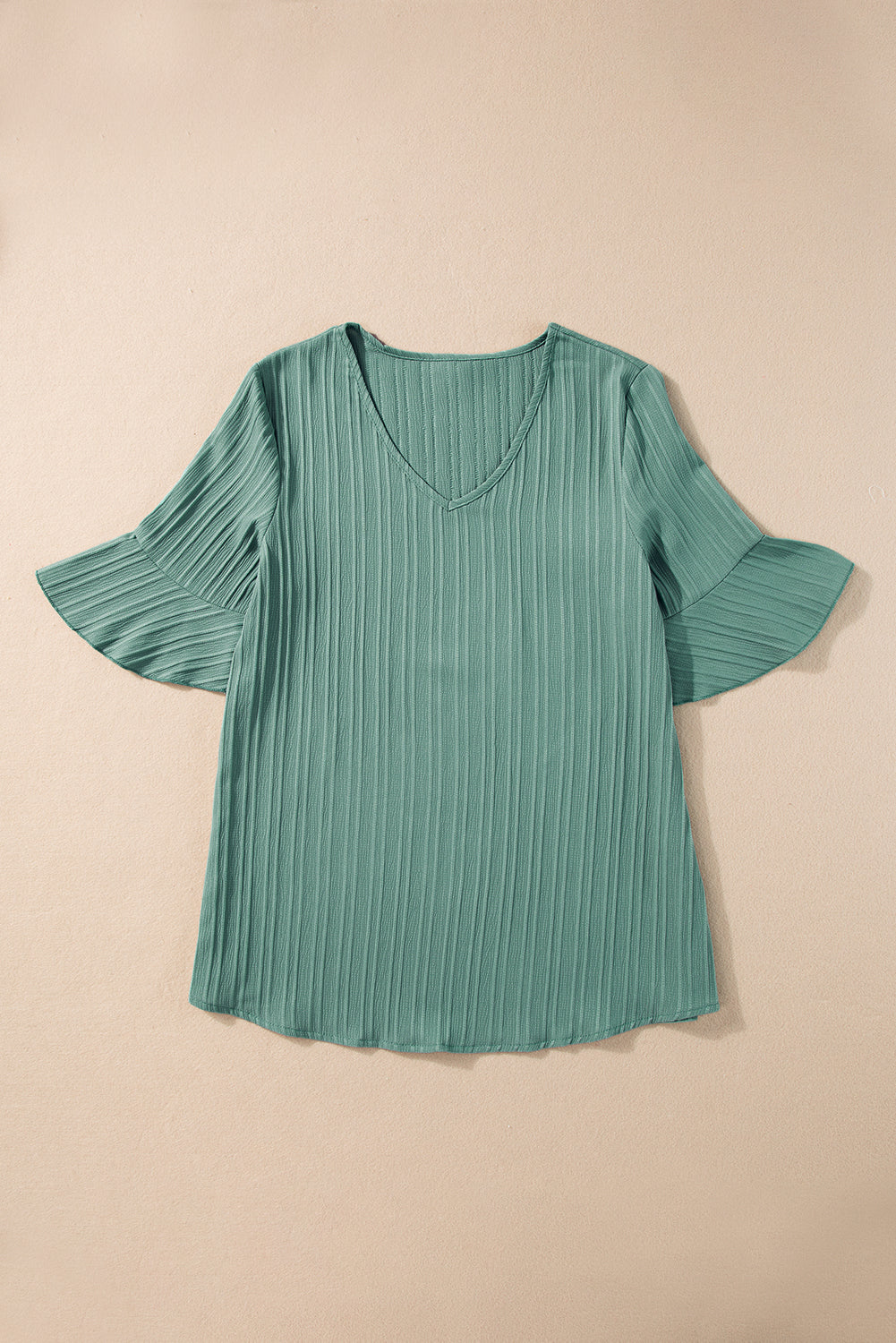 Grass Green Ruffled Half Sleeve V Neck Textured Top - eAura