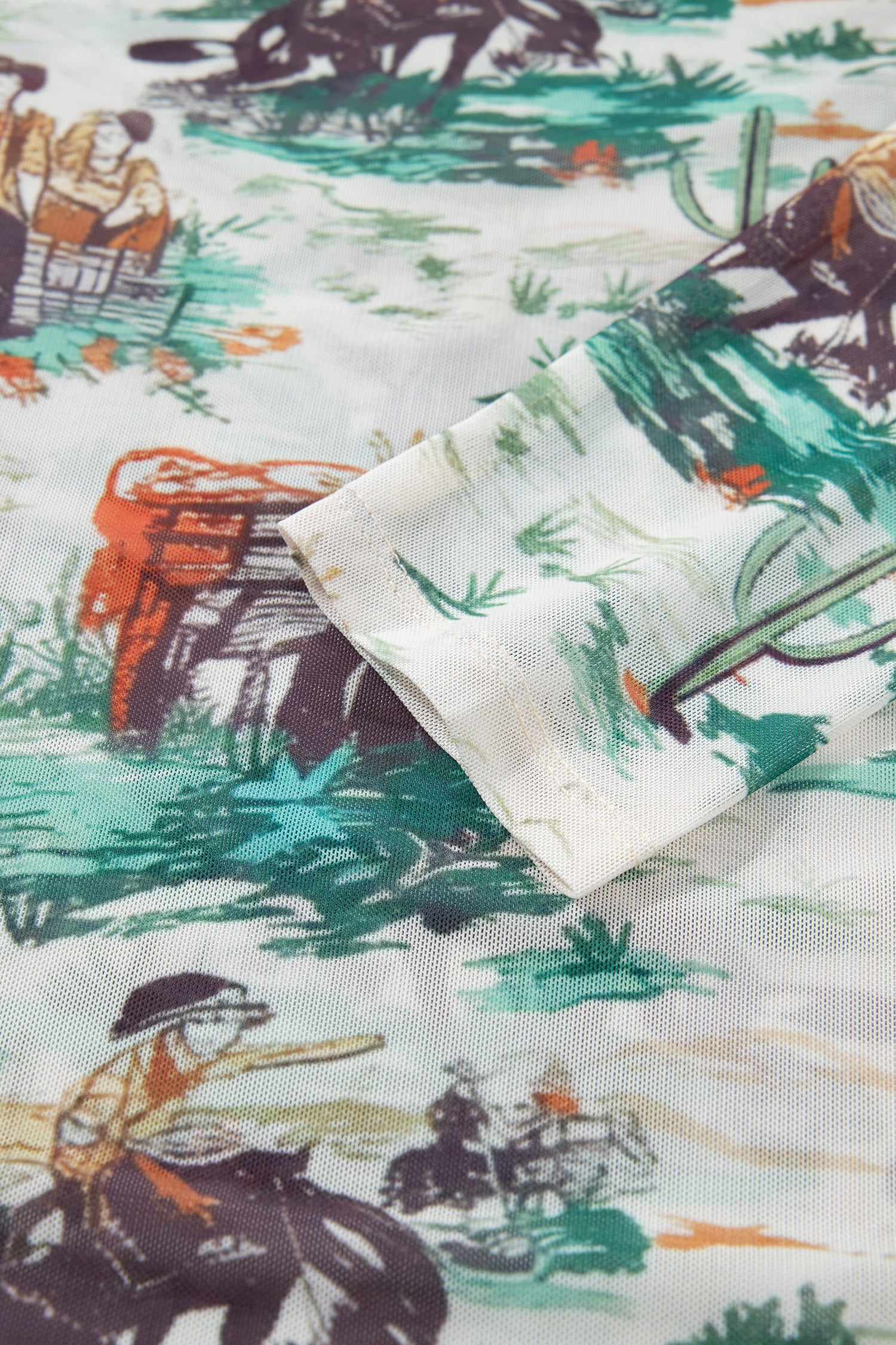 Western Print Long Sleeve Round Neck Slim Top – Green