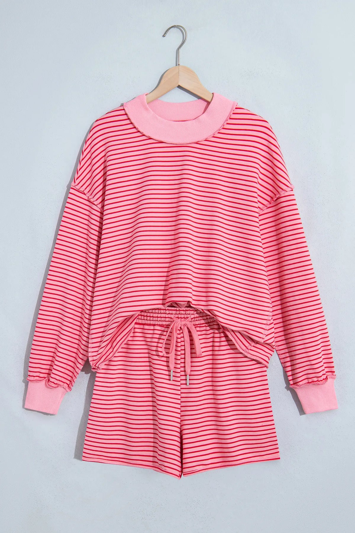 Ribbed Patchwork Mock Neck Baggy Pullover Matching Shorts Set – Blue Stripe