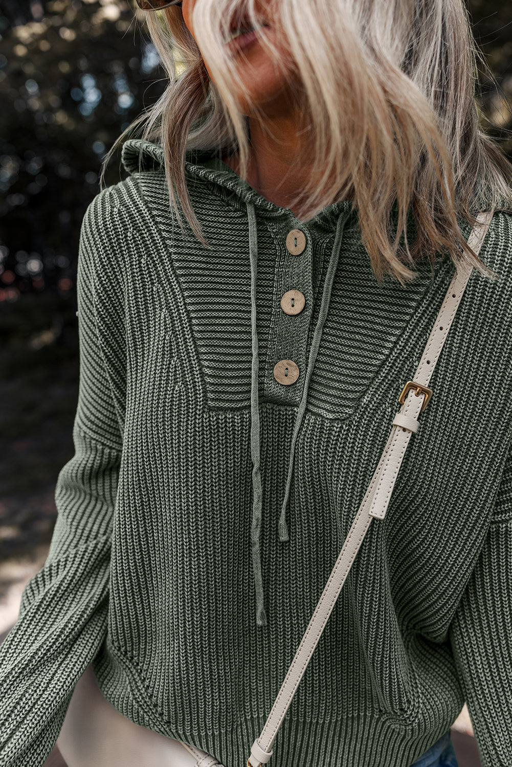 Mineral Wash Ribbed Button Drawstring Neck Hooded Sweater - eAura