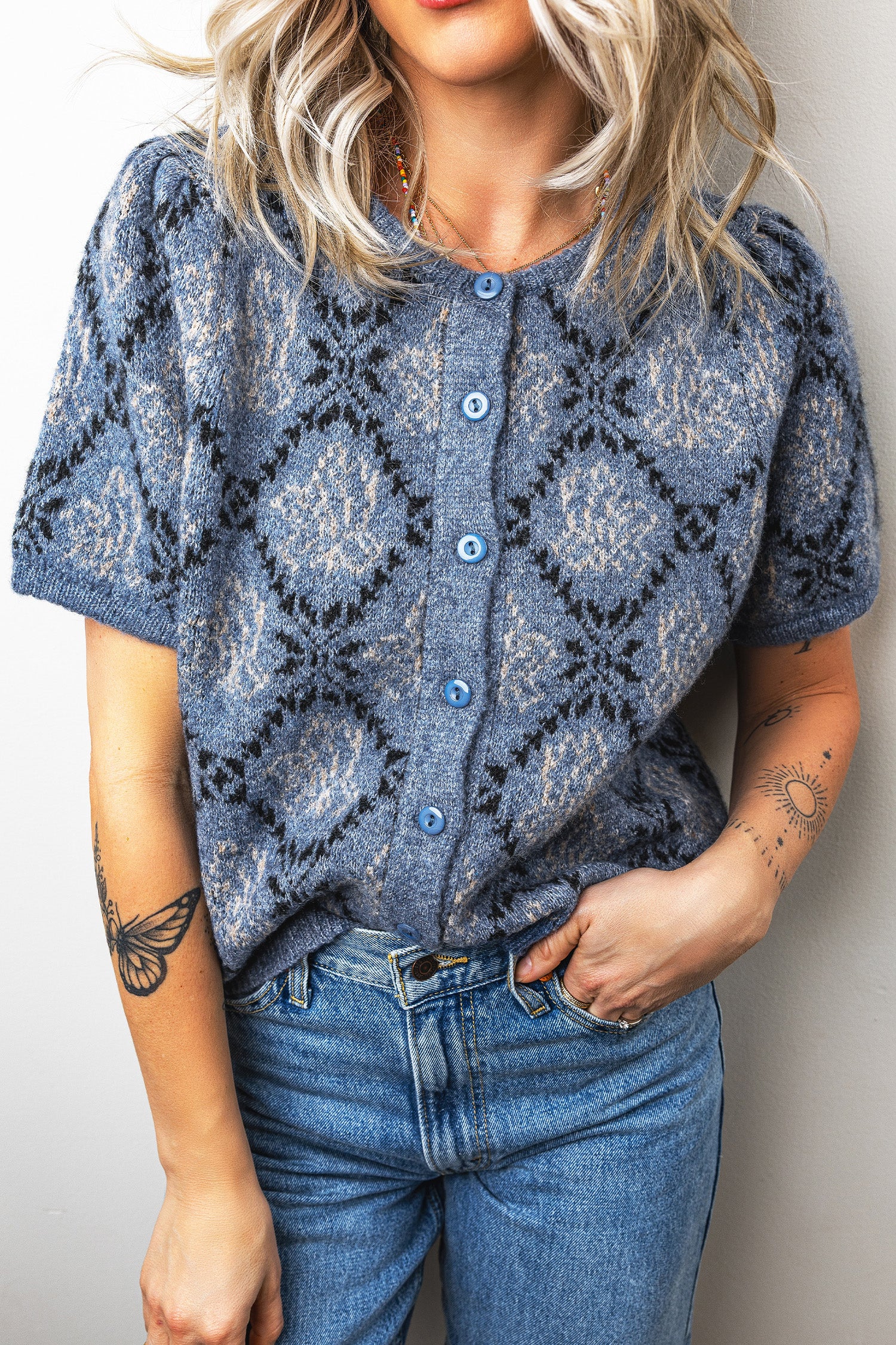 Short Sleeve Button Front Boho Knit Top Cardigan – Dark Blue