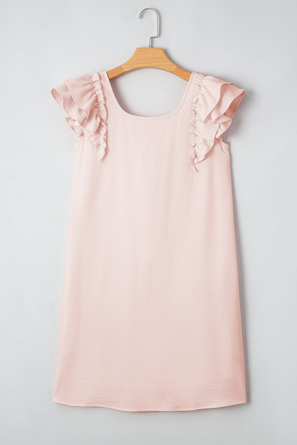 Light Pink Textured Flutter Sleeve Square Neck Bow Back Mini Dress eAura