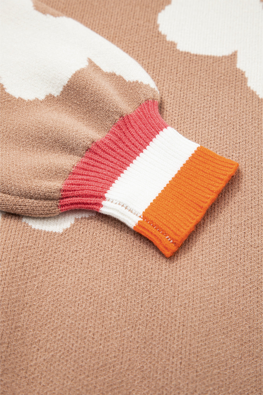 Big Flower Pattern Contrast Striped Baggy Sweater - eAura