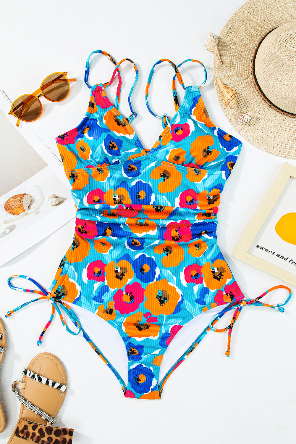 Orange Adjustable Straps Ribbed Knit One Piece Swimsuit eAura
