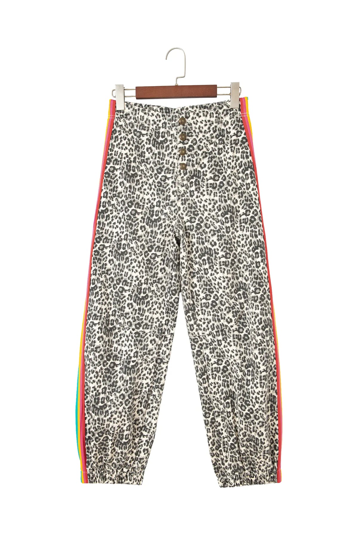 Leopard Print Rainbow Striped Detail Buttoned Loose Jogger Jeans – Brown