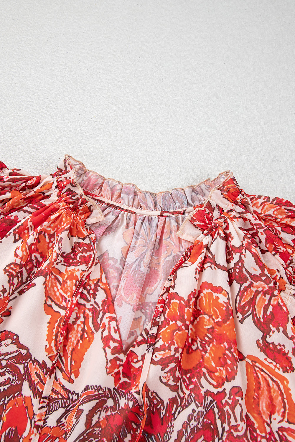 Red Vintage Floral Ruffle Sleeve V Neck Blouse eAura