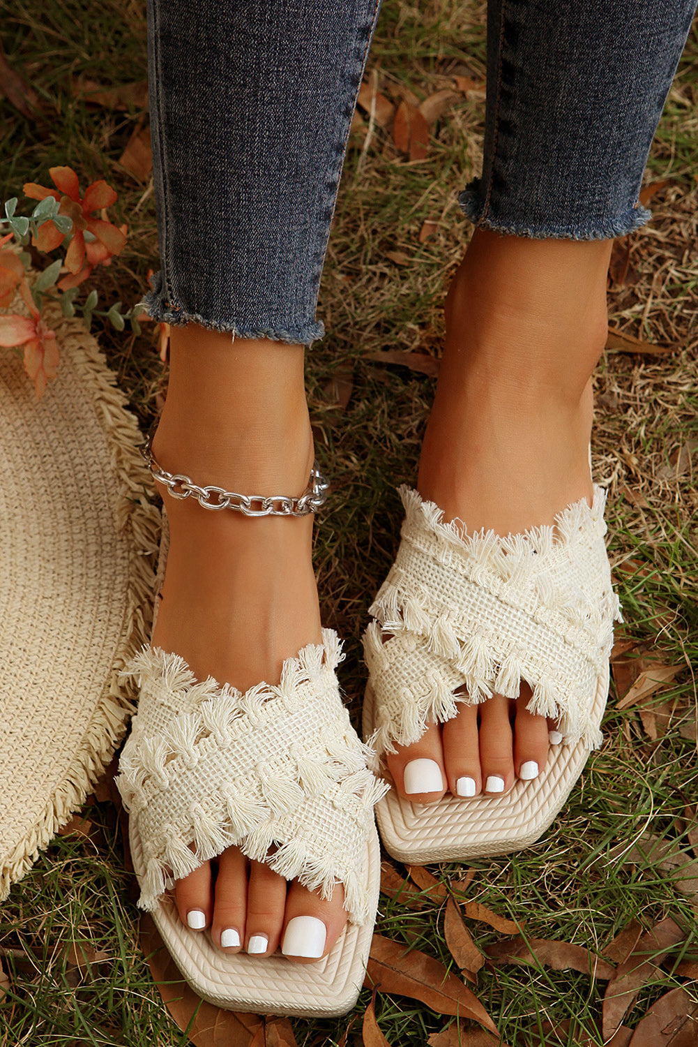 Beige Tassel Woven Crossed Straps Flat Sandals BB Fashion Outlet
