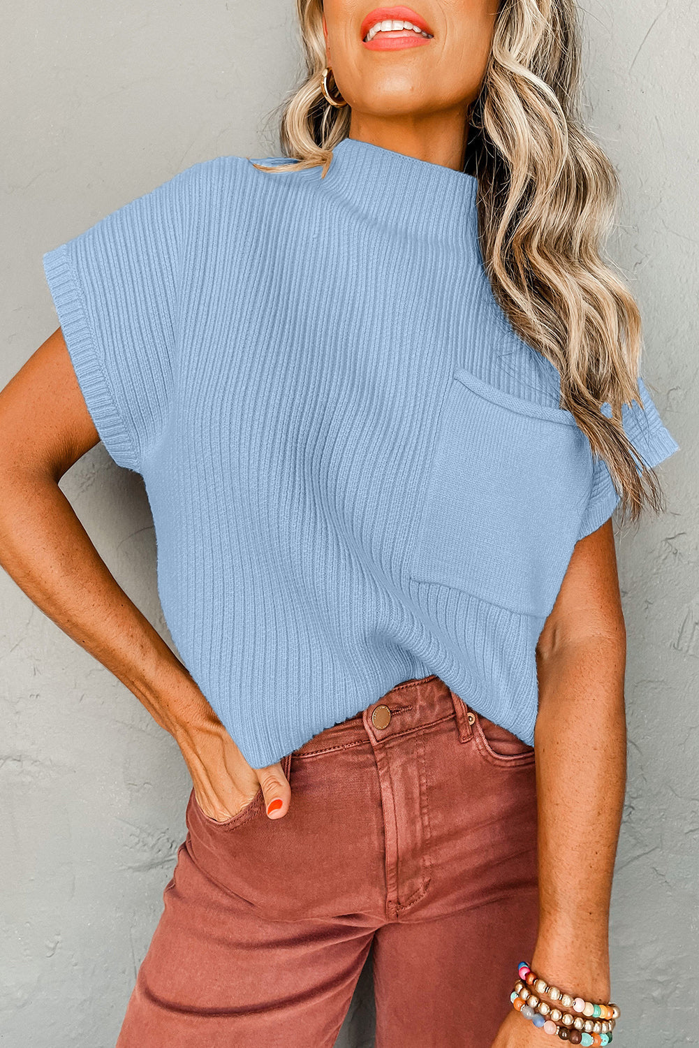 Beau Blue Patch Pocket Ribbed Knit Short Sleeve Sweater eAura