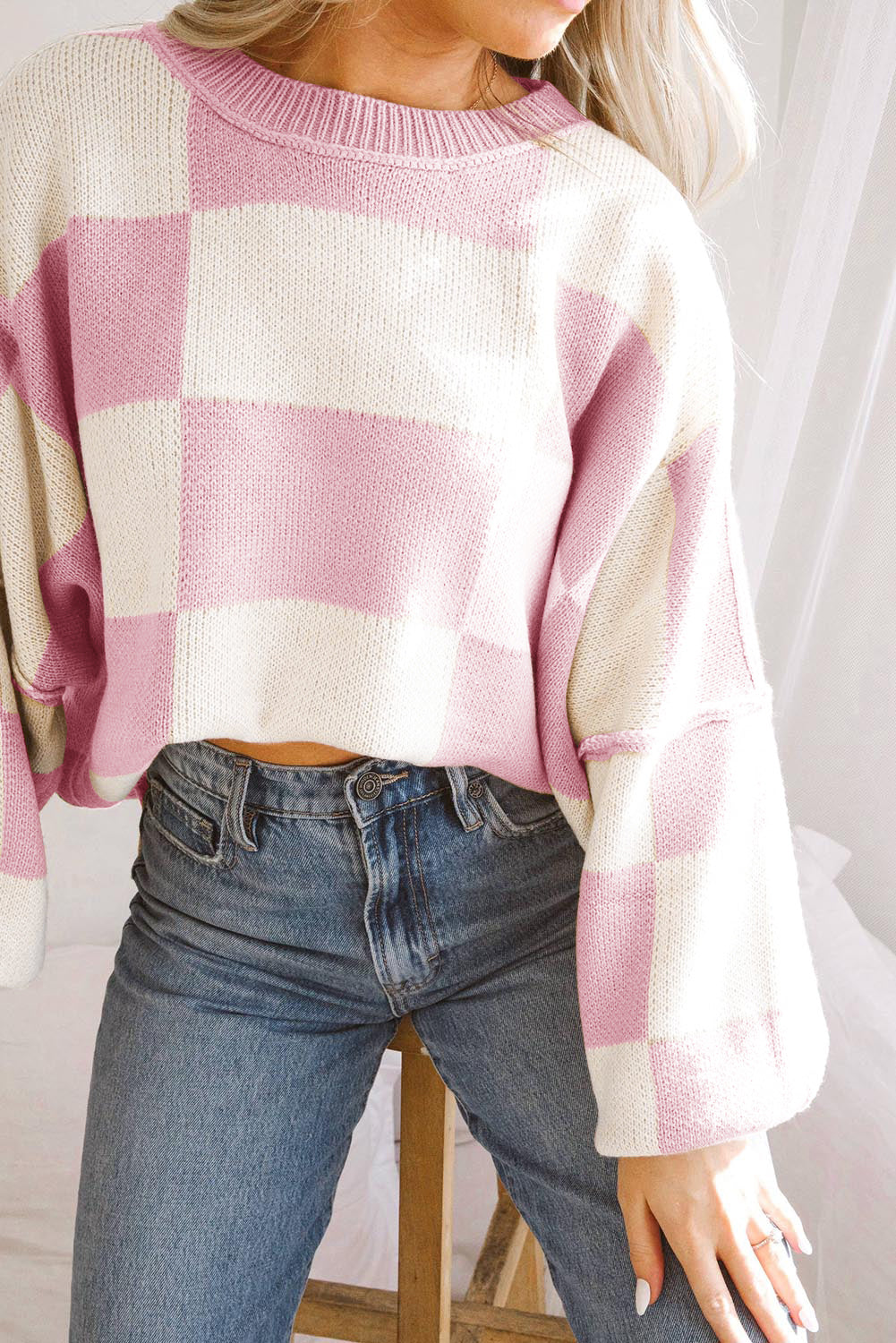 Checkered Bishop Sleeve Sweater – Rose, Pink, Green, Brown, Red & Black