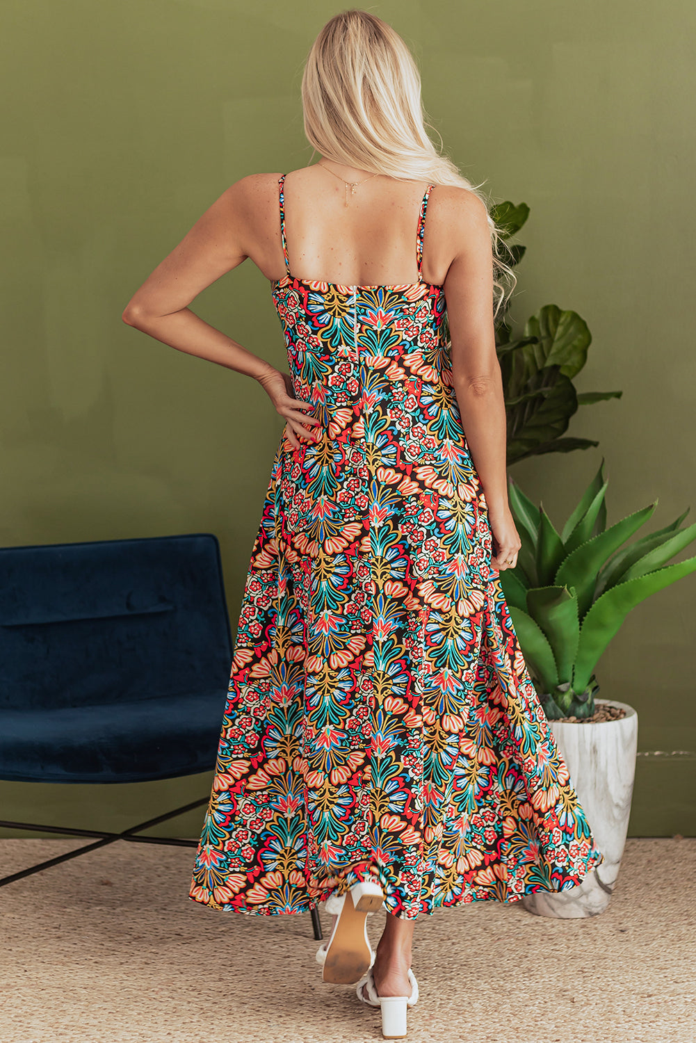Black Boho Floral Print Thin Straps Sleeveless High Waist Maxi Dress eAura