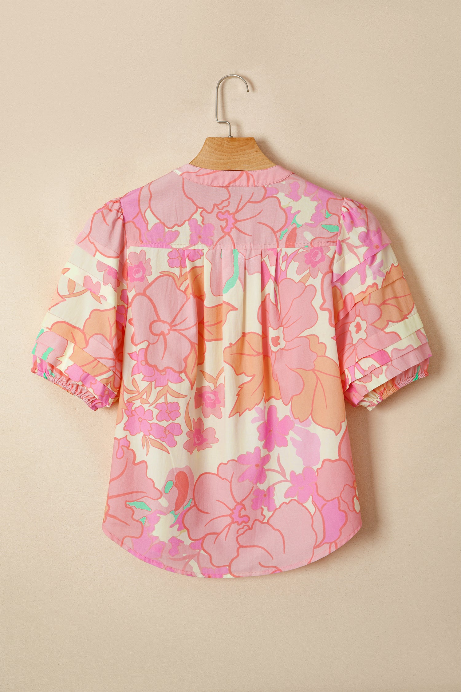 Floral Print Button Down Pintuck Short Sleeve Shirt – Pink