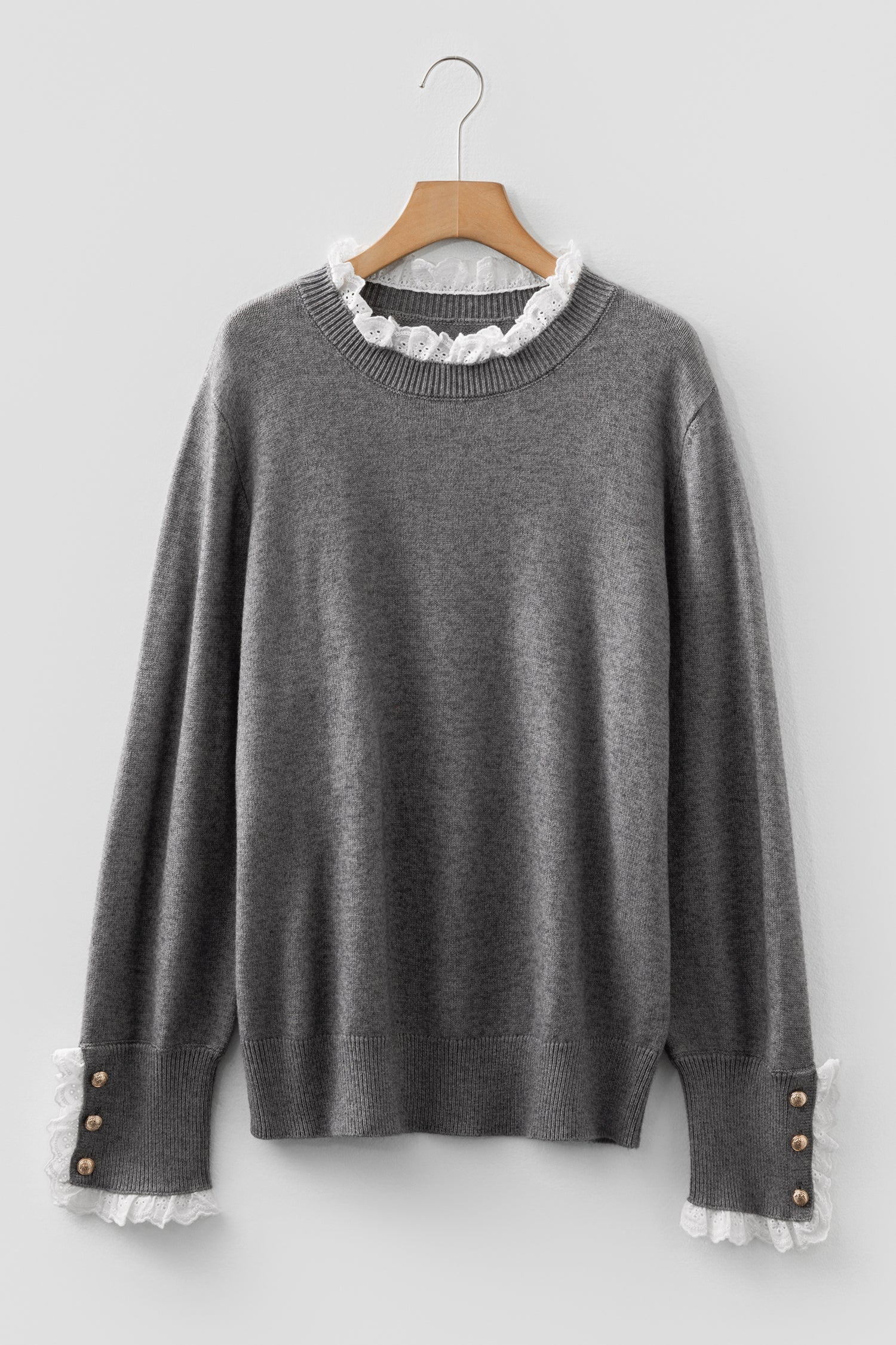 Lace Trim Sweater Patchwork Buttoned Cuffs Loose Sweater - eAura