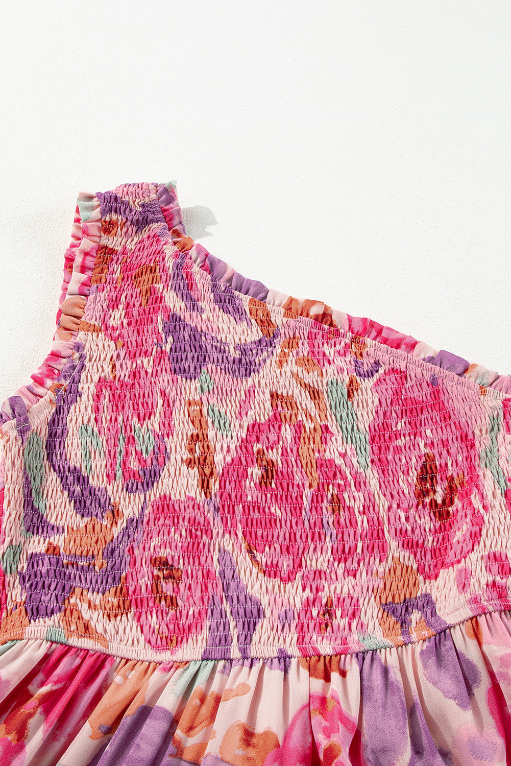 Pink Abstract Floral Print Shirred One Shoulder Maxi Dress eAura