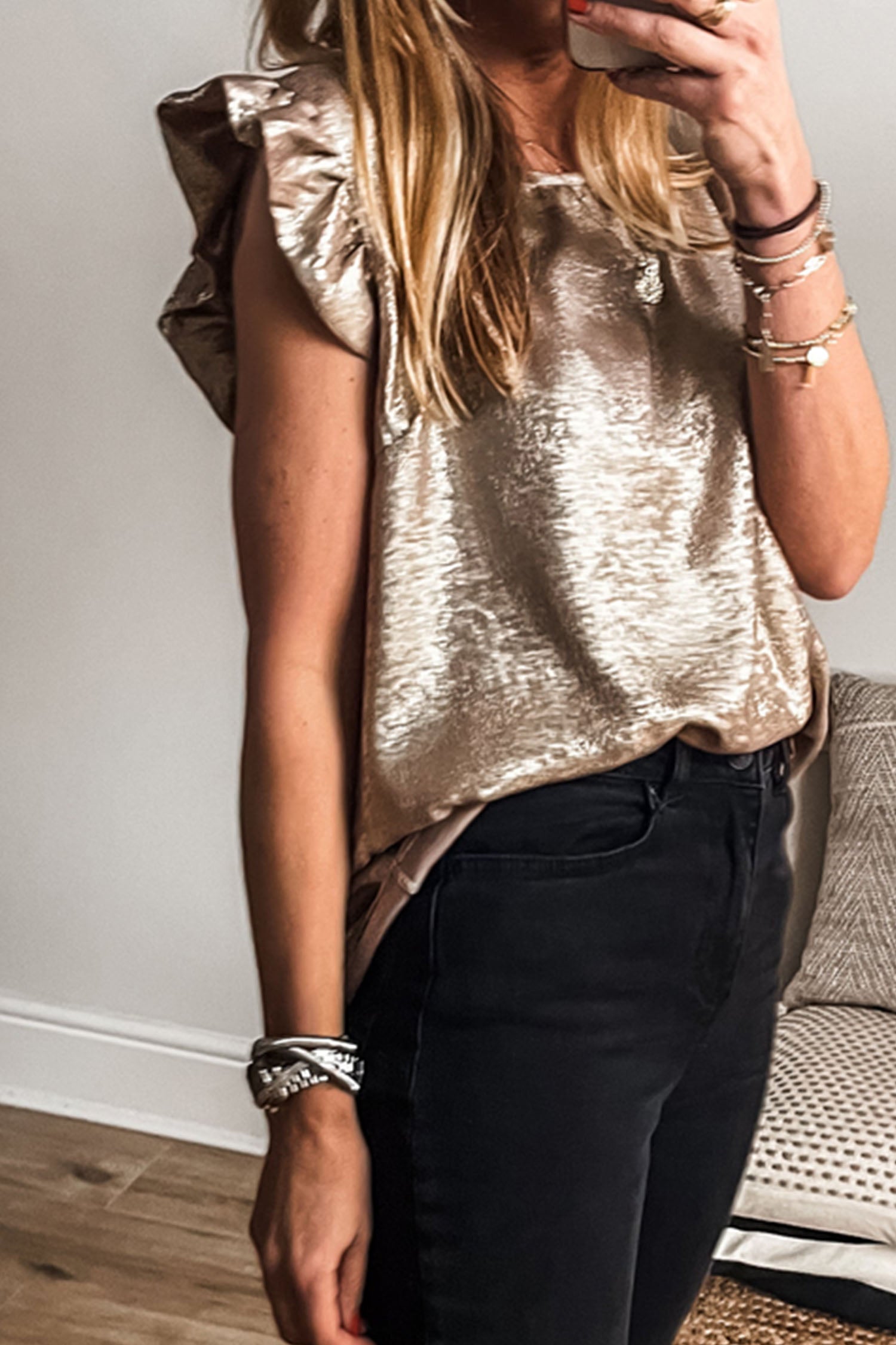 Metallic Round Neck Ruffle Trim Sleeveless Top