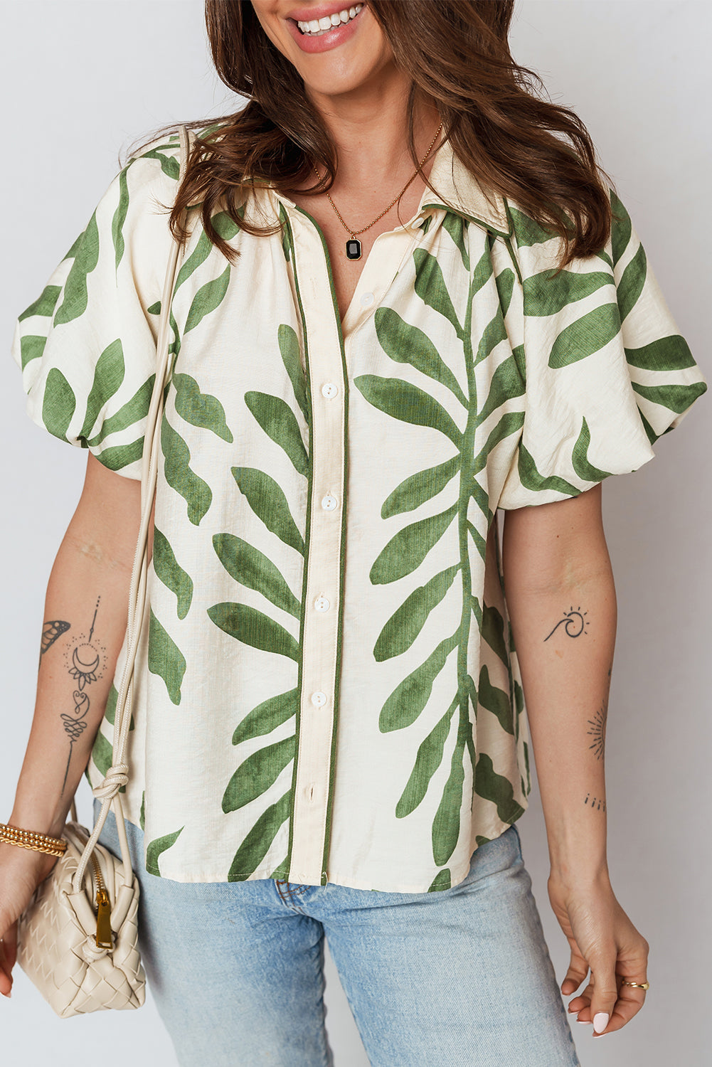 Green Leaf Print Short Balloon Sleeve Shirt - L - Tops/Blouses & Shirts
