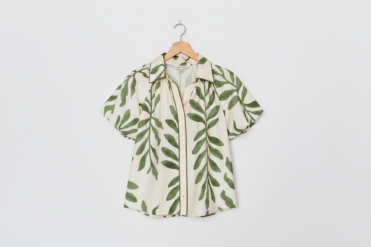 Green Leaf Print Short Balloon Sleeve Shirt - Tops/Blouses & Shirts