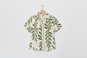 Green Leaf Print Short Balloon Sleeve Shirt - Tops/Blouses & Shirts