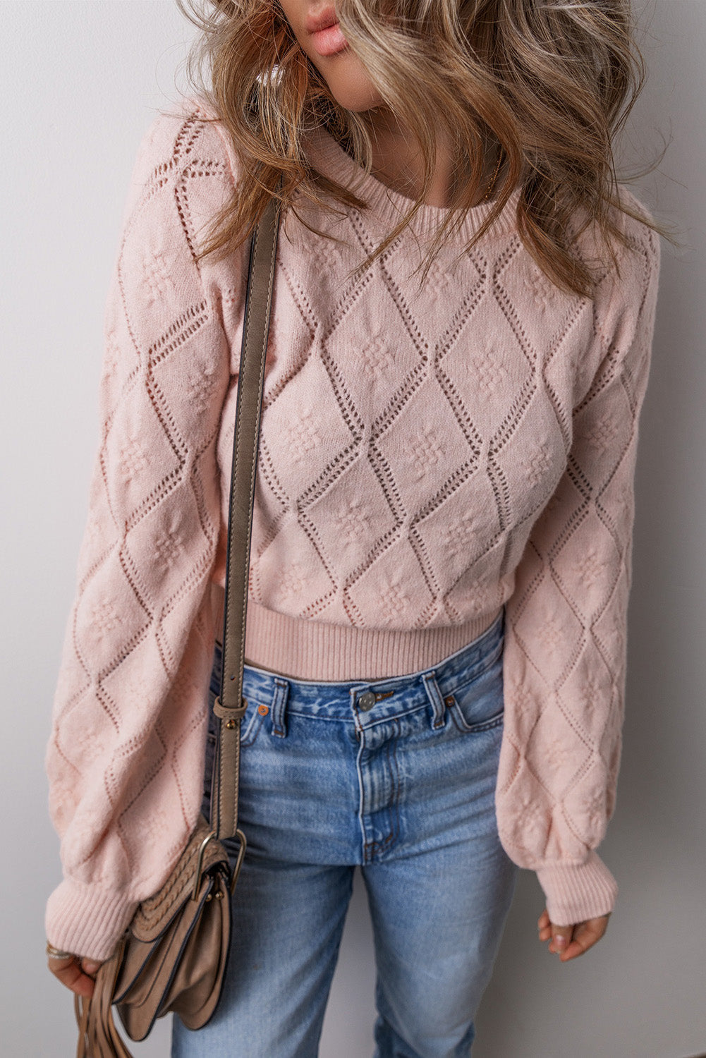 Gossamer Pink Openwork Plaid Puff Sleeve Cropped Sweater eAura