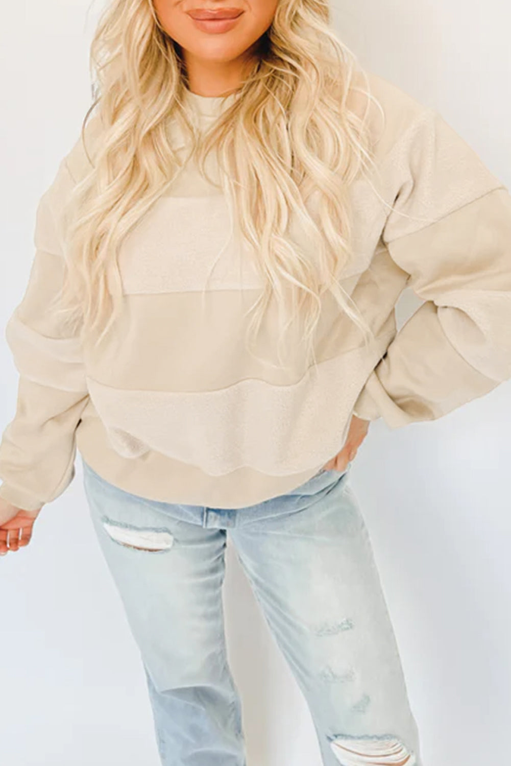 Oatmeal Contrast 2-tone Patchwork Raglan Sleeve Sweatshirt eAura
