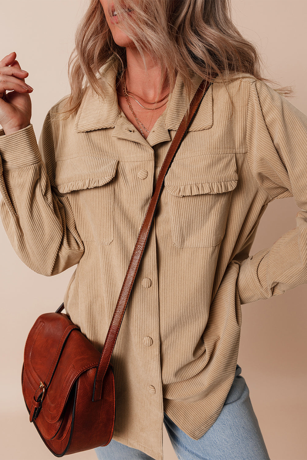 Light French Beige Solid Frilled Flap Pocket Button Up Corduroy Shacket Beagle Boutique Fashion Outlet