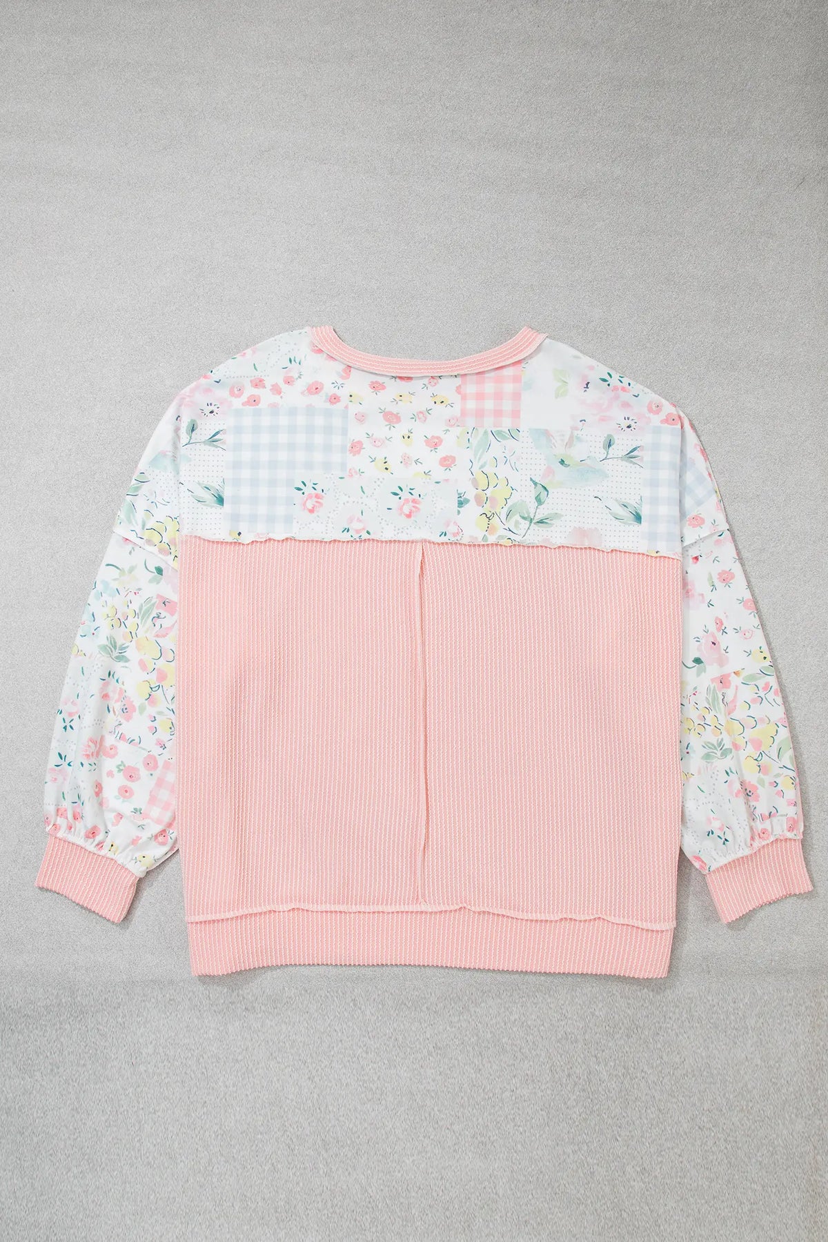 Patchwork Floral Print Long Sleeve Tunic Plus Size Blouse – Pink
