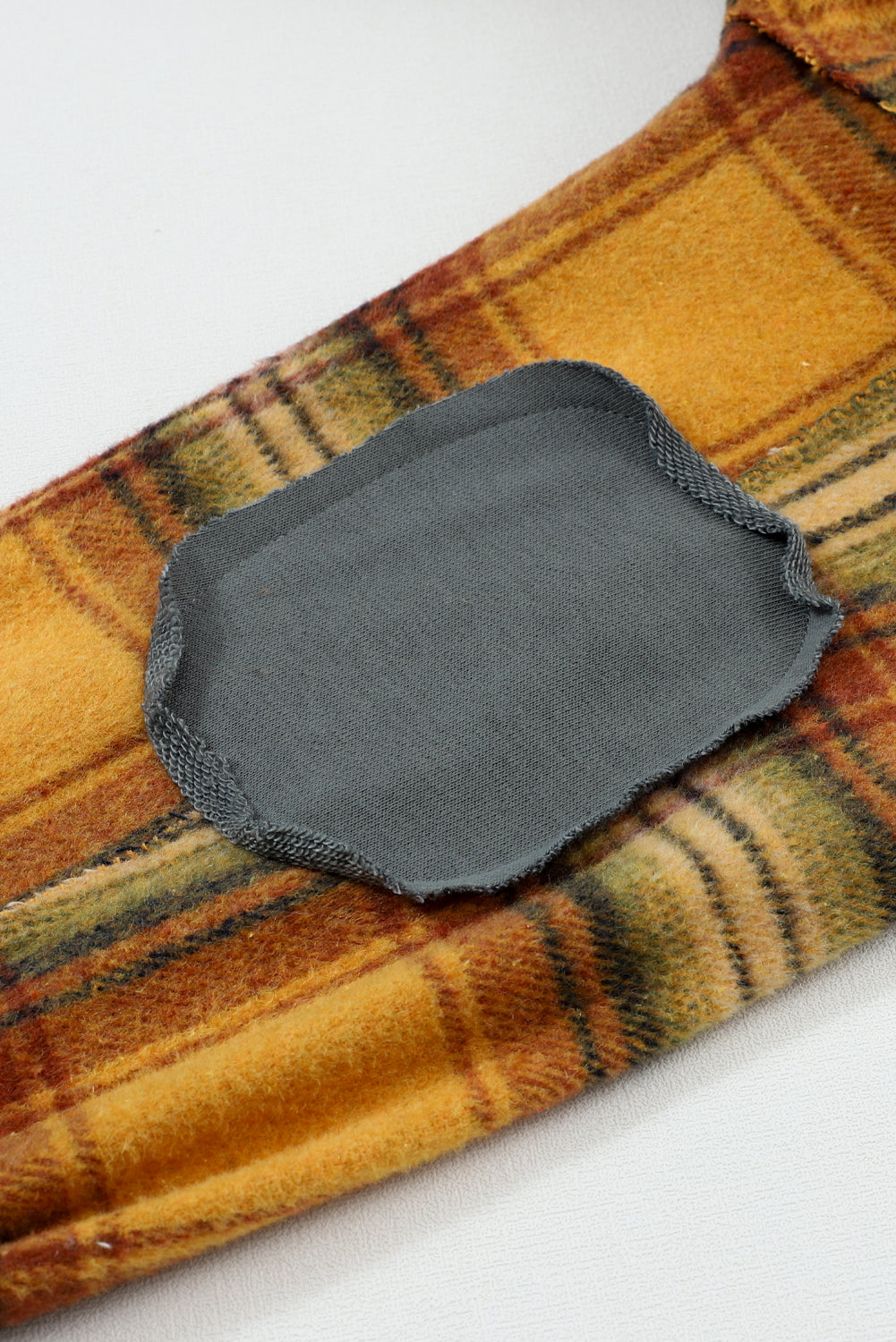 Orange Plaid Patch Hooded Frayed Snap Button Jacket eAura