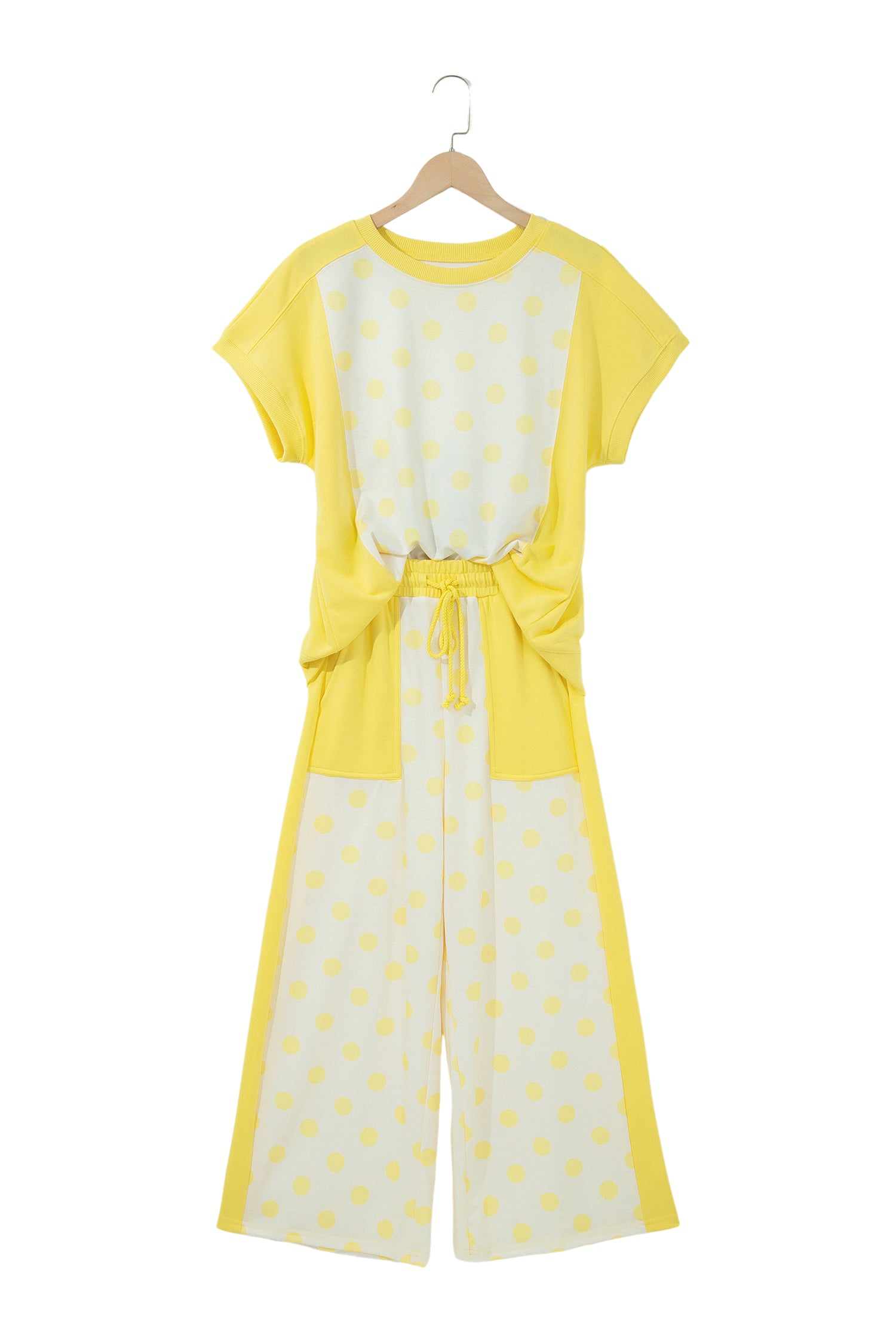 Color Block Patchwork Polka Dot Wide Leg Pant Set – Yellow