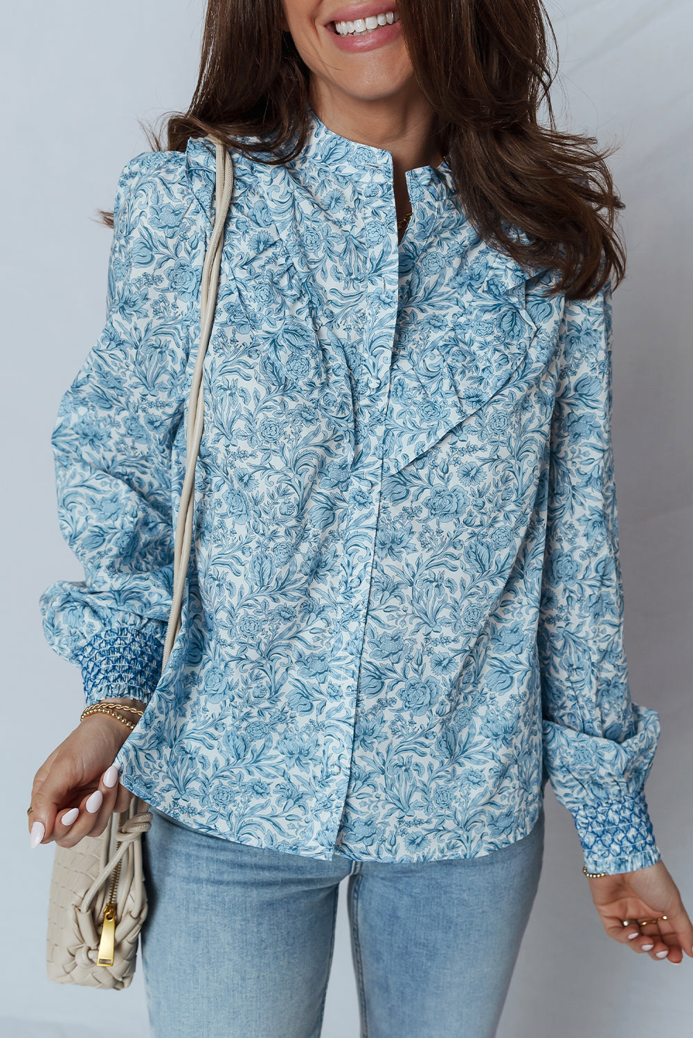 Sky Blue All Over Floral Puff Sleeve Shirt - eAura