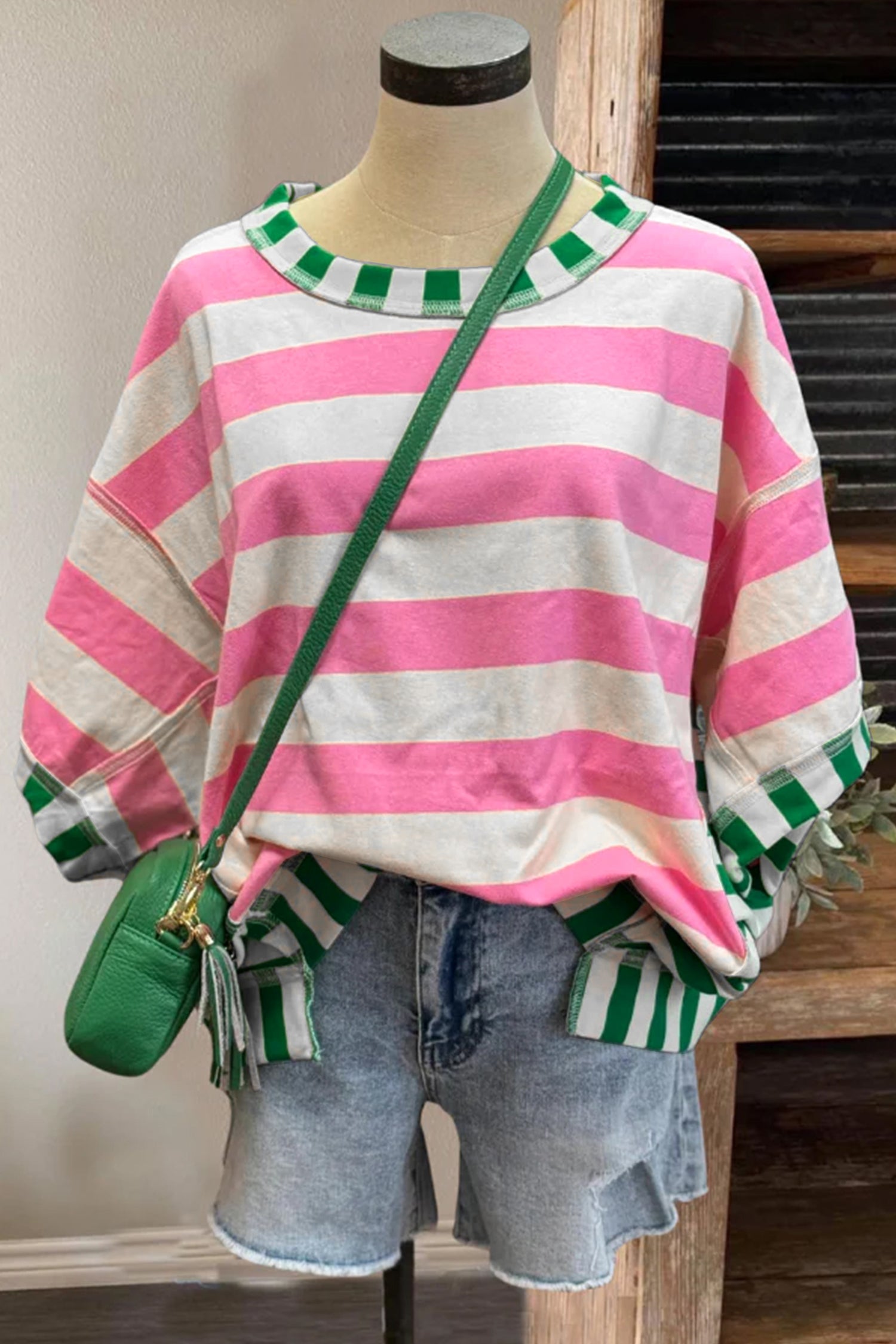 Exposed Seam Contrast Patchwork Oversized Top – Pink Stripe