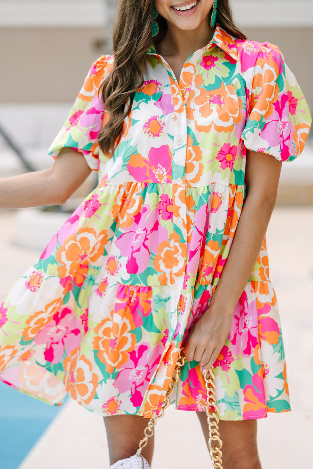 Green Floral Puff Sleeve Collar Buttoned Babydoll Dress eAura