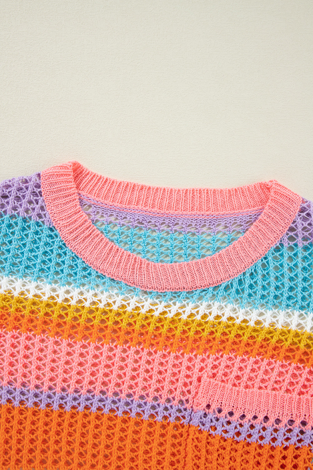 Pink Stripe Colourblock Hollowed Crochet 3/4 Sleeve Sweater eAura