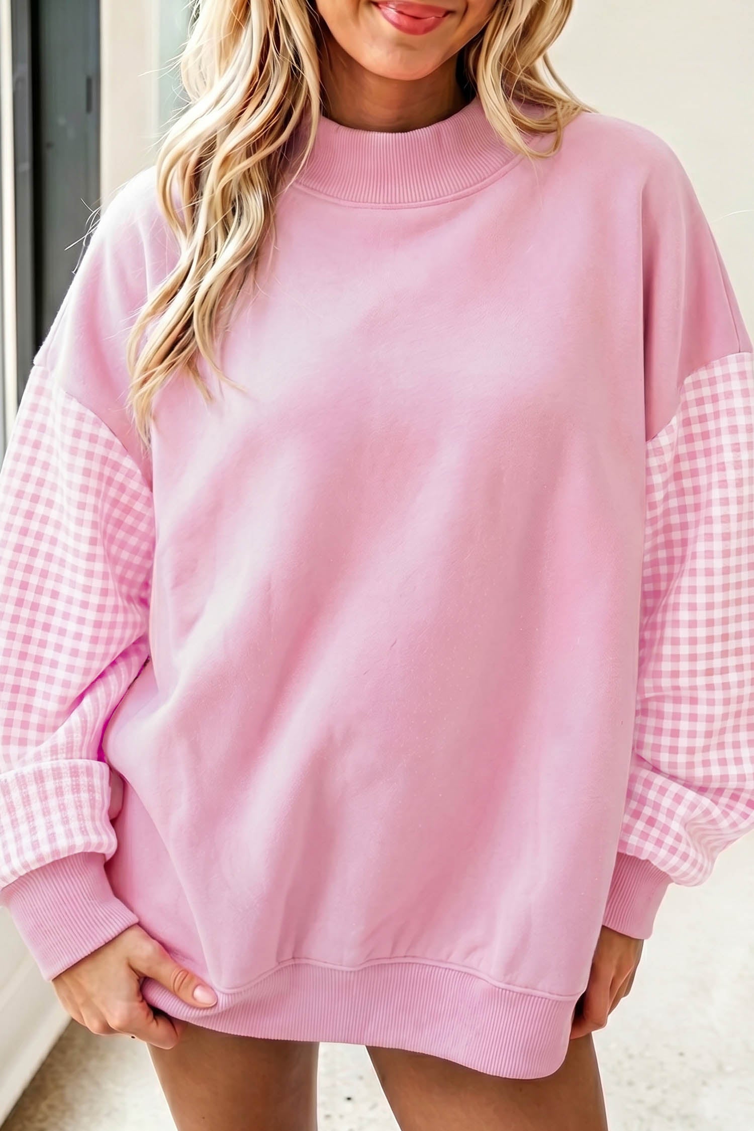 Plaid Sleeve Colorblock Loose Tunic Sweatshirt – Fiery Red