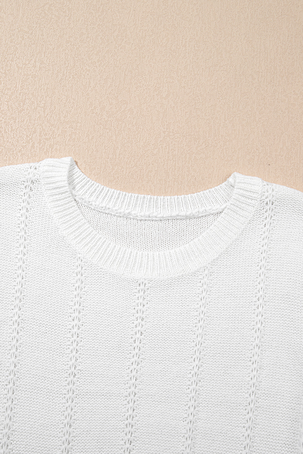 White Pointelle Knit Short Puff Sleeve Crewneck Sweater eAura