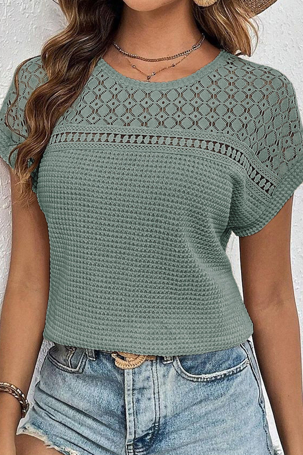 Mist Green Lace Patchwork Waffle Short Sleeve Top eAura