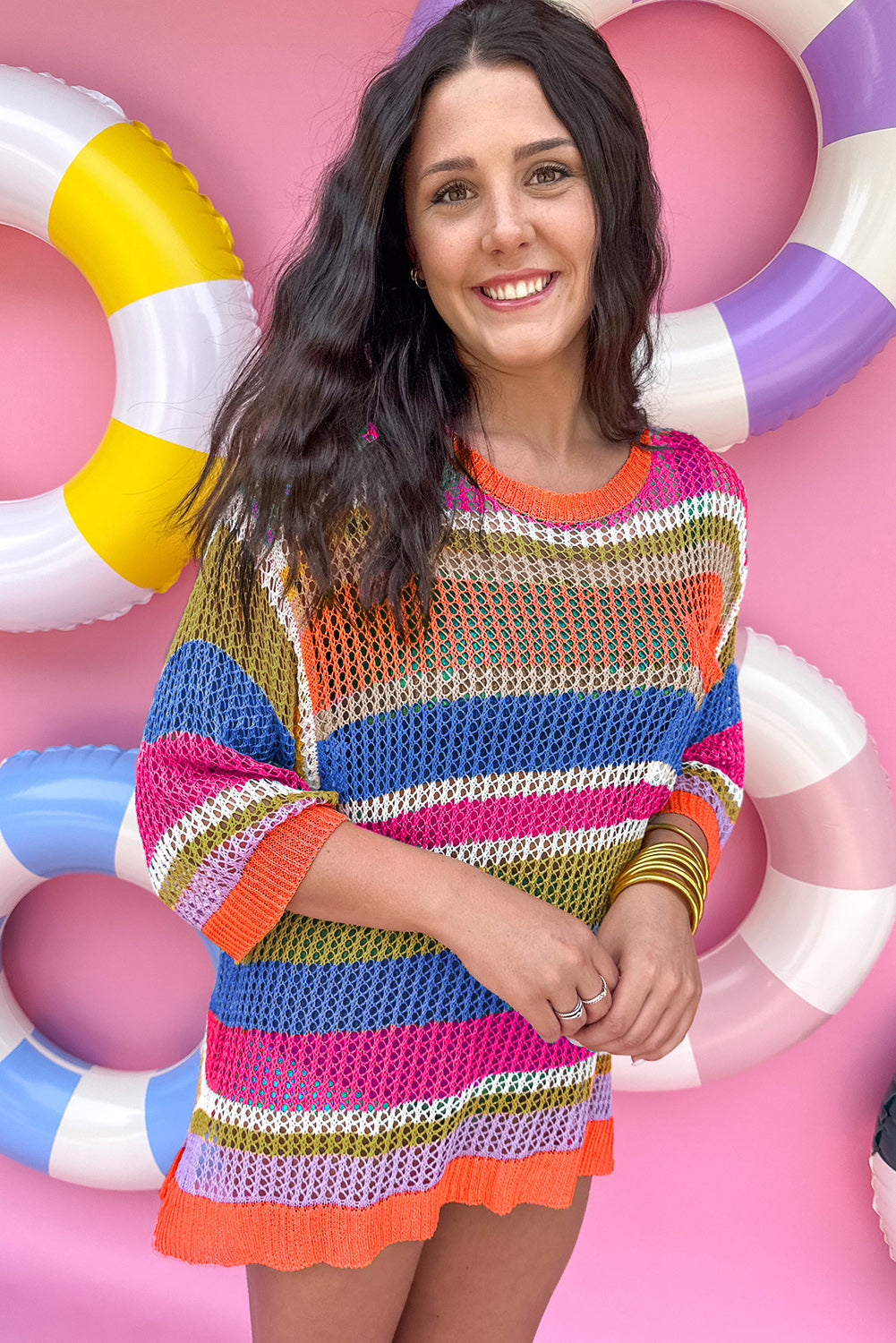 Pink Stripe Colourblock Hollowed Crochet 3/4 Sleeve Sweater eAura