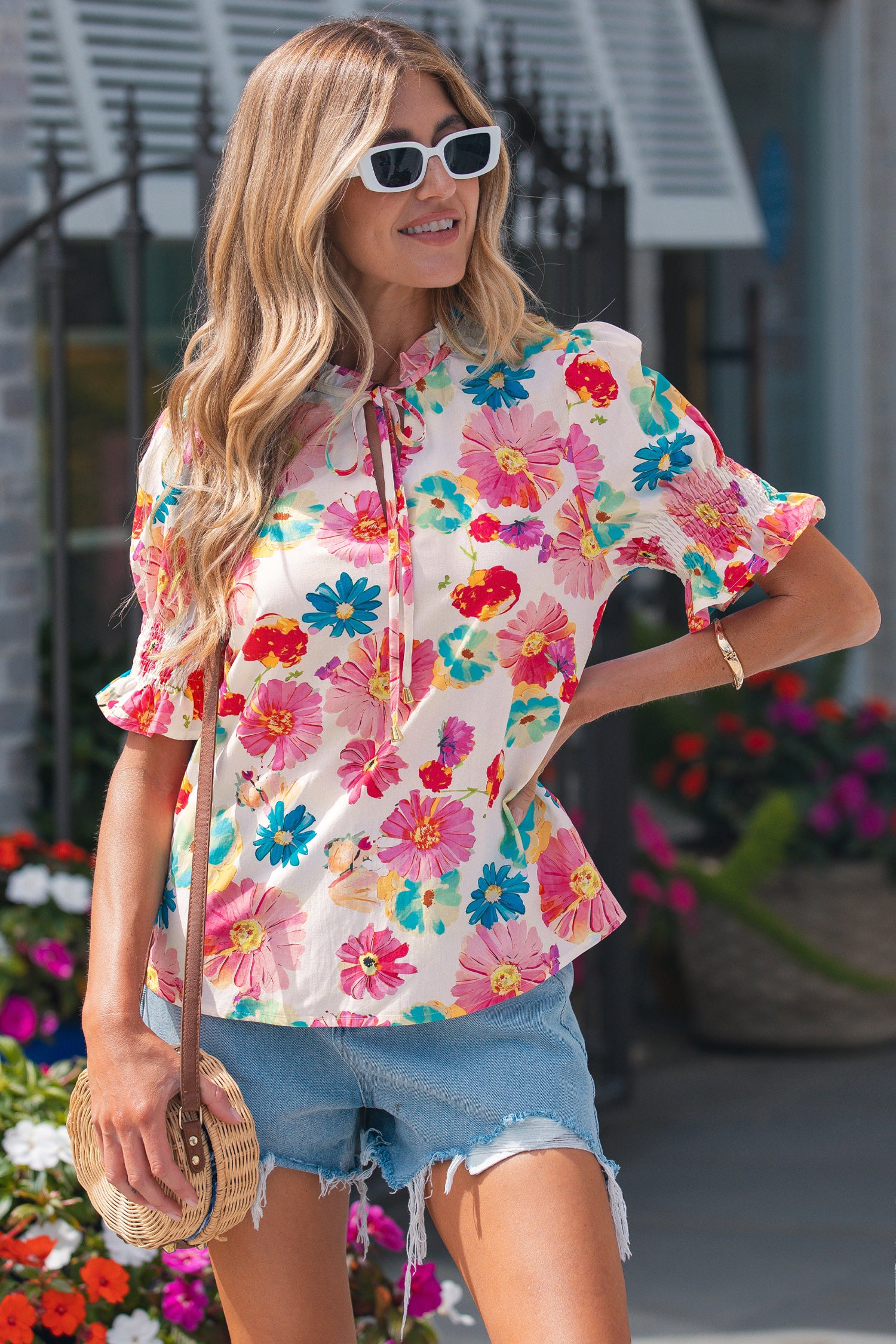 Vibrant Summer Floral Tie V-Neck Short Puff Sleeve Blouse