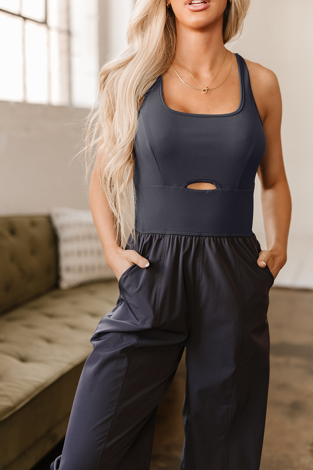 Carbon Grey Back Crossed Straps Hollow Out Jogger Jumpsuit eAura