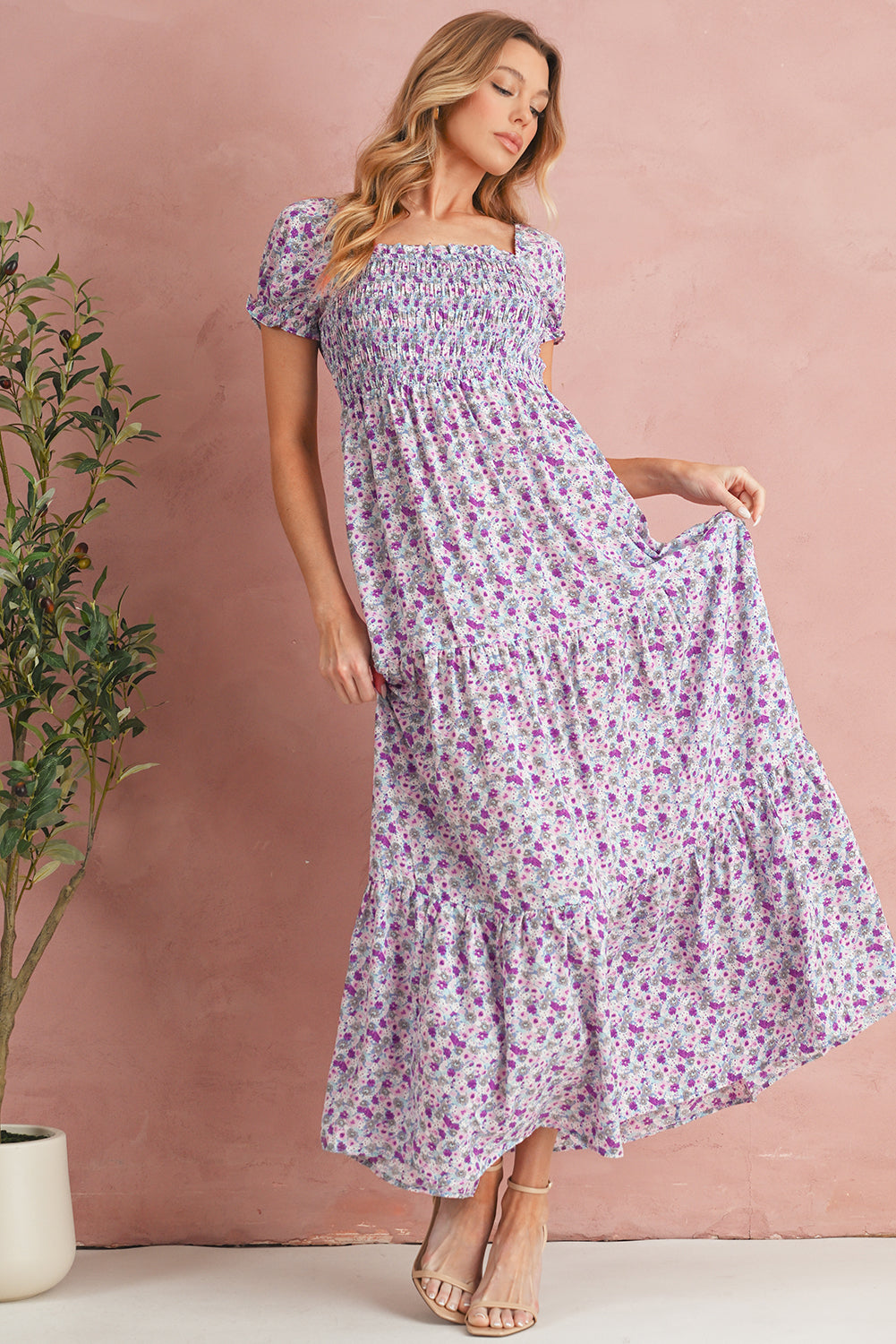 Floral Short Bubble Sleeve Smocked High Waist Maxi Dress