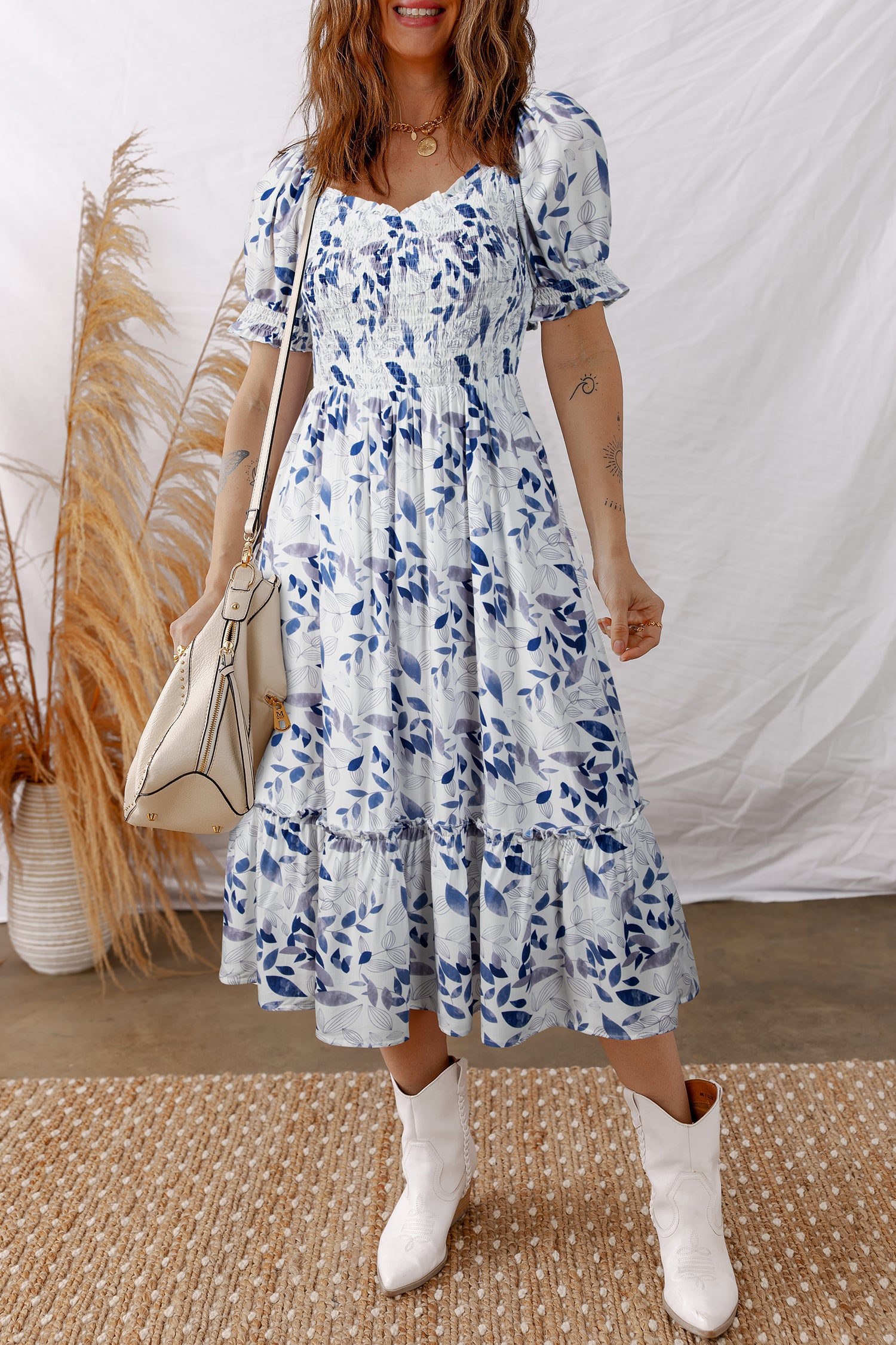Smocked Bodice Short Puff Sleeve Tiered Floral Midi Dress