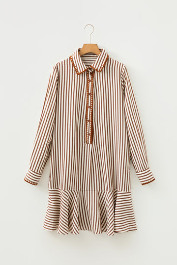 Khaki Stripe Shirt Collar Embroidered Trim Ruffle Hem Long Sleeve Mini Dress